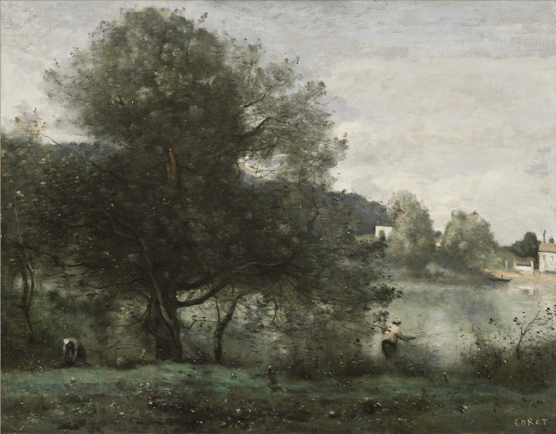 尚—巴蒂斯特．卡米耶．柯羅（Jean-Baptiste-Camille Corot），《亞維雷的田園風光-池塘邊的漁夫》，1865-1870年，油彩、畫布，56×71.6公分，Bequest of Mrs. Charlotte E.W. Buffington, 1935.45