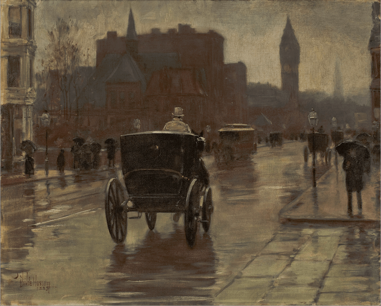 查爾德．哈薩姆（Childe Hassam），《哥倫布大道，雨天》，1885年，油彩、畫布，43.5×53.7公分，Bequest of Mrs. Charlotte E. W. Buffington, 1935.36