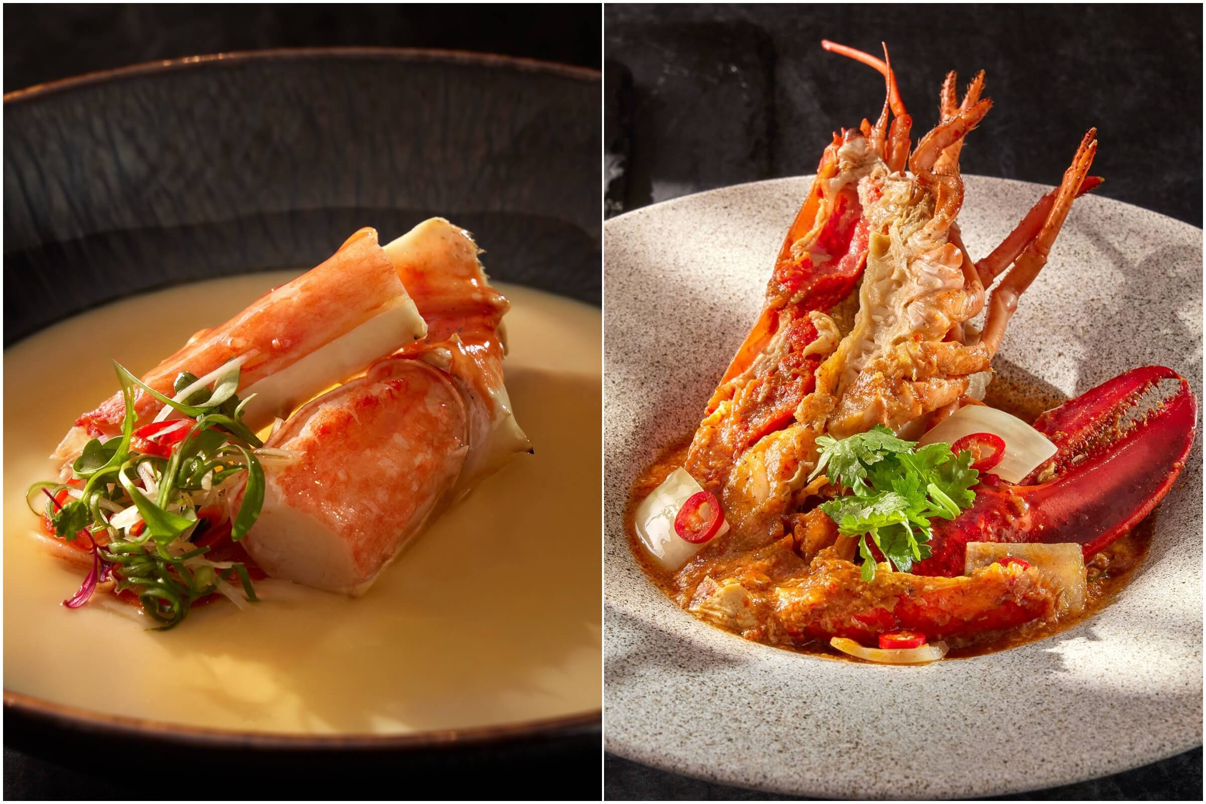 帝王蟹腳花雕蒸（左圖）；新加坡辣醬龍蝦（右圖）