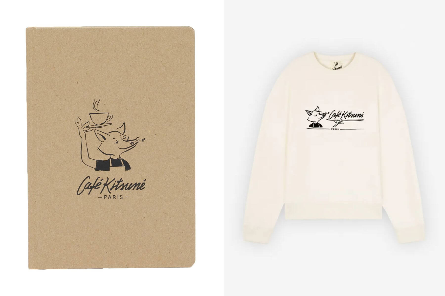 圖左： 狐狸咖啡師塗鴉筆記本_$1,100；圖右：米色手繪狐狸長袖衛衣_$7,900 by Maison Kitsuné。