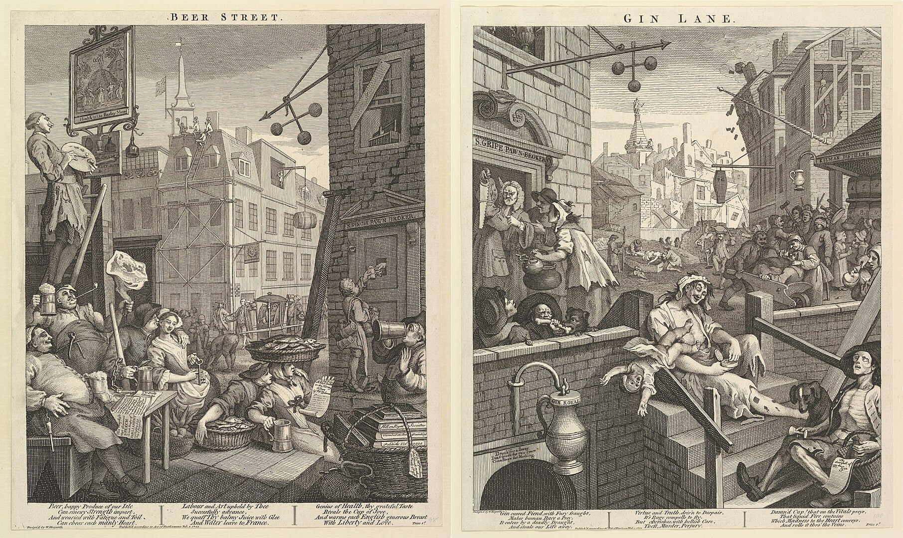 1759年的Beer Street與Gin Lane插圖，畫出醇酒被污名化的黑歷史。