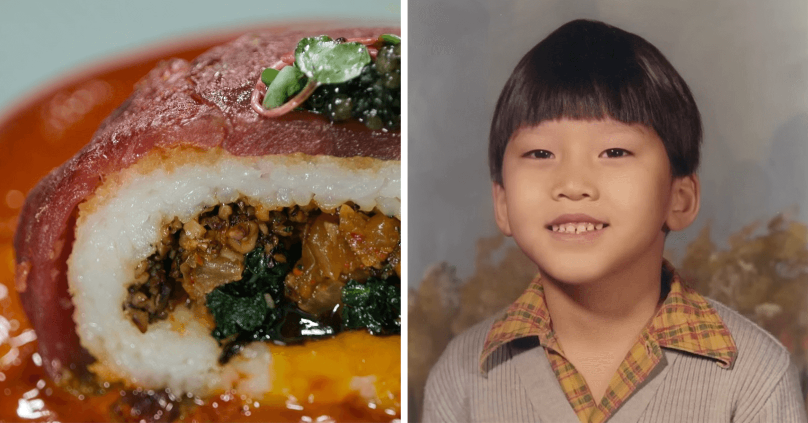 童年時期的愛德華李，與Netflix《黑白大廚》「人生料理」呈現的「拌飯」。（圖片來源／YesChef）