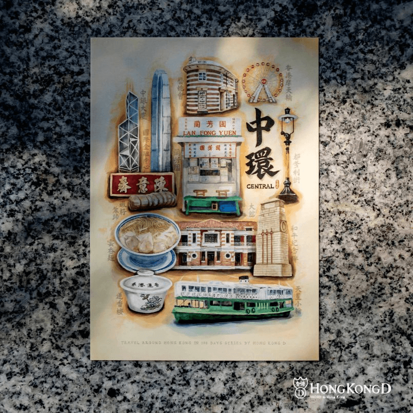 阿金親手將他眼中的香港透過插圖完成一張張明信片。圖片來源|HONG KONG D阿金提供