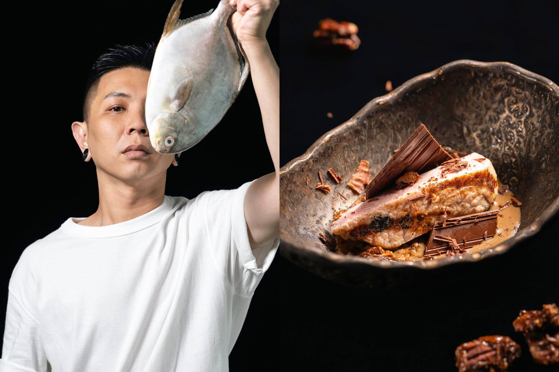 蘇濟恒主廚與「直火巧克力豬」。