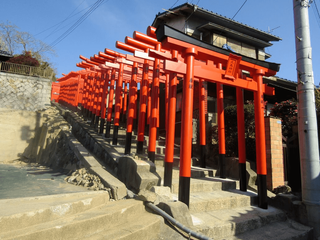 「大島神社」的參道上的67座朱紅色鳥居隨著坡道綿延而上，是在地人才知道的打卡景點。