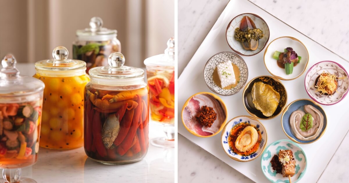 （左）手藏泡菜與魚香情境圖（右）冷盤｜涼菜九宮格）