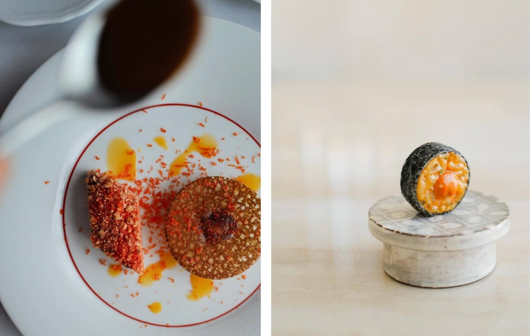 （左）L'Amant Secret呈獻雞肉、龍蝦肉與卵的創意組合；（右）Eatanic Garden的海膽飯海苔酥