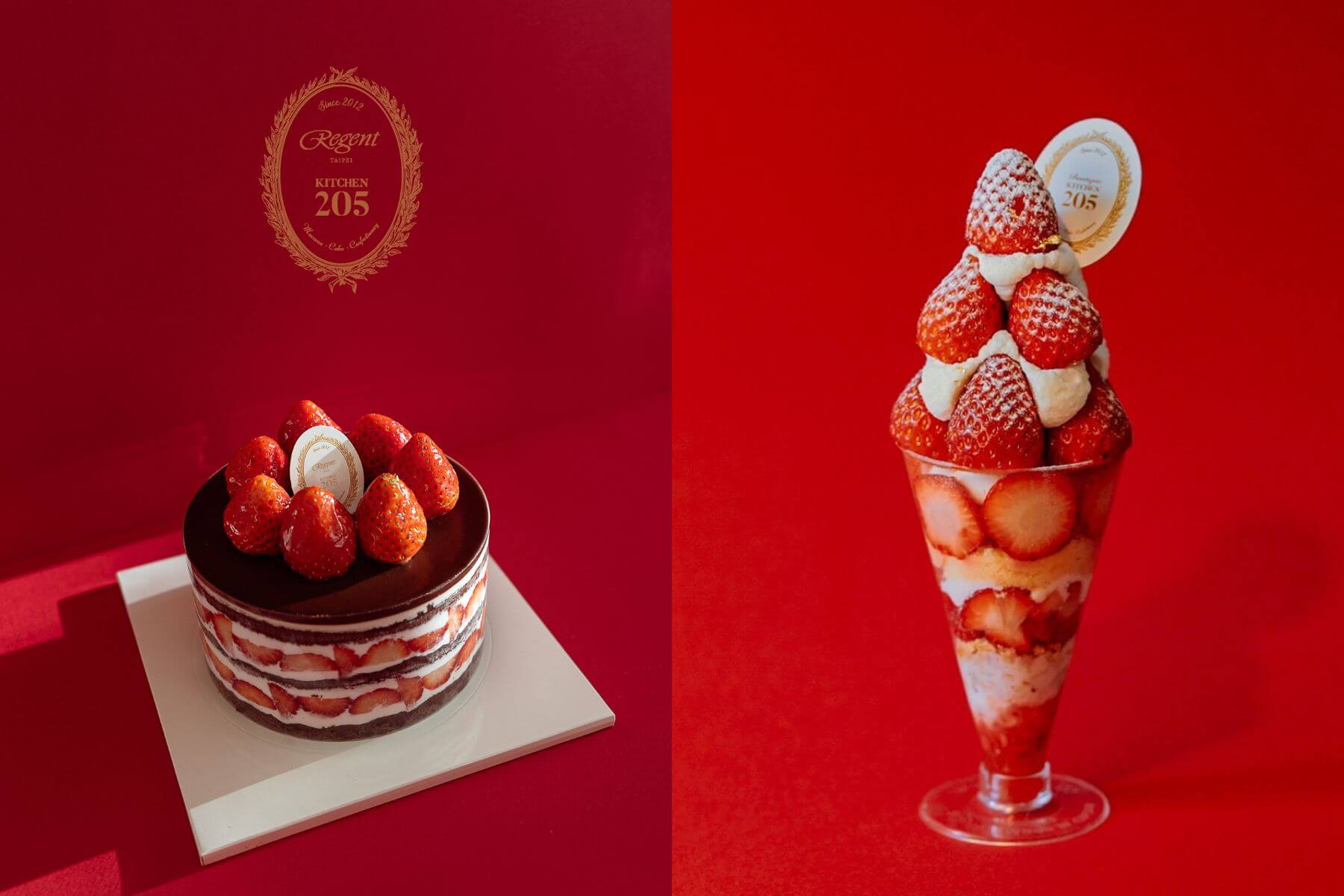 二度來台快閃，KITCHEN205除帶來鎮店之寶「經典草莓園蛋糕」外，還有巧克力草莓園蛋糕（左）與冬日草莓帕妃（右）。