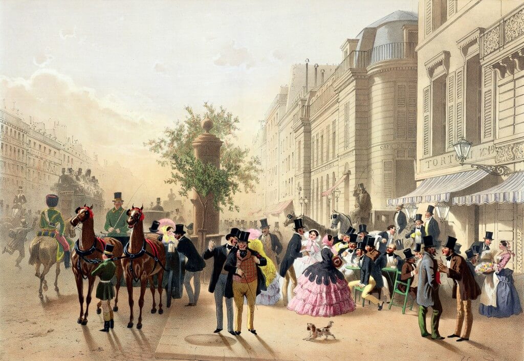 19世紀熱鬧非凡的Café Tortoni（Eugene von Guérard, 1856）。圖片來源：Wikimedia Commons