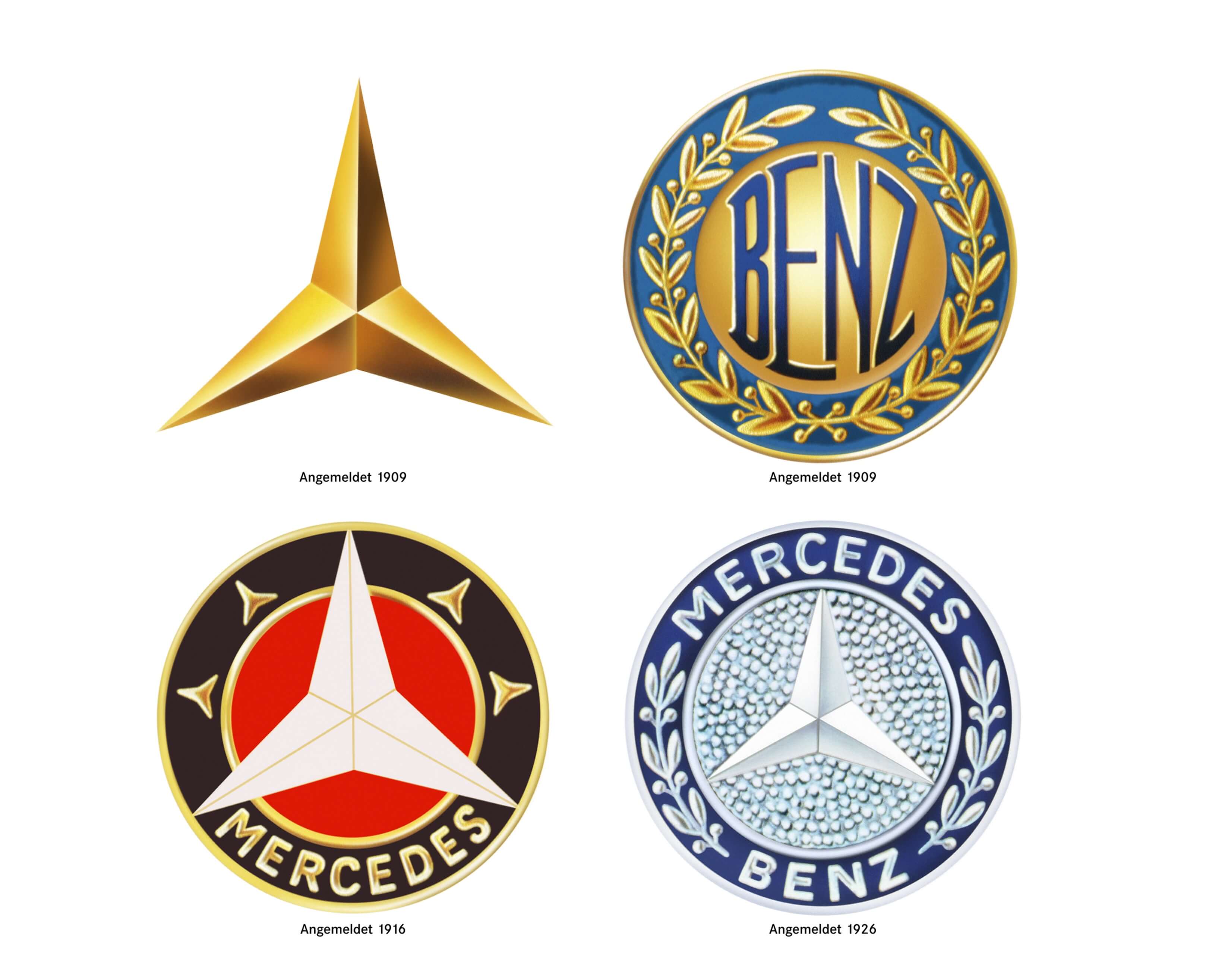 1909｜Daimler-Motoren-Gesellschaft商標 1909｜Benz & Cie.商標 DMG三芒星商標改版加入「Mercedes」字樣 1921｜圓環星徽商標 1926｜Mercedes-Benz統一商標