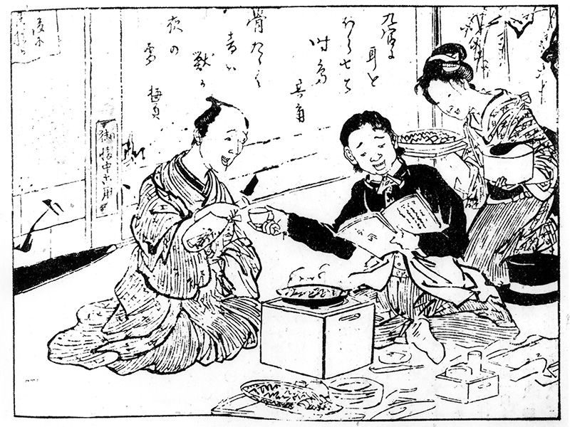明治初年，上牛鍋屋是一件時髦的事。此圖依假名垣魯文《安愚樂鍋》所繪，重現當時牛鍋屋裡的光景。（橫濱開港資料館藏）