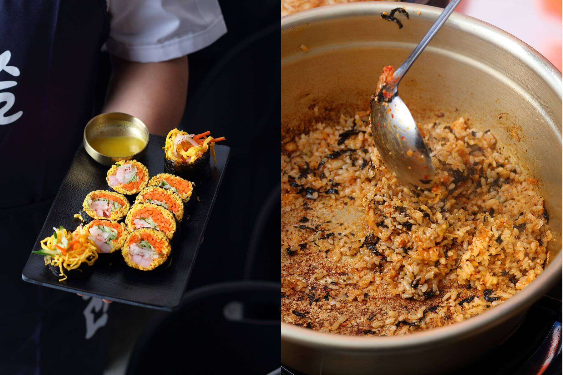 左為「韓式鮮蝦蛋捲」,右為限量供應的「現做黃豆芽炒飯」。(圖/鐘路大多力韓雞湯)