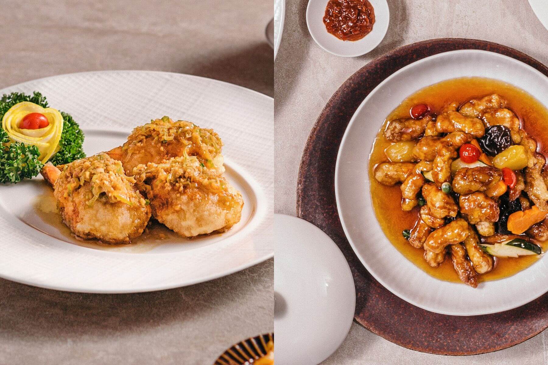 紅寶閣招牌「母子蝦」（左）和「糖醋肉」（右）。（圖/紅寶閣 IG）