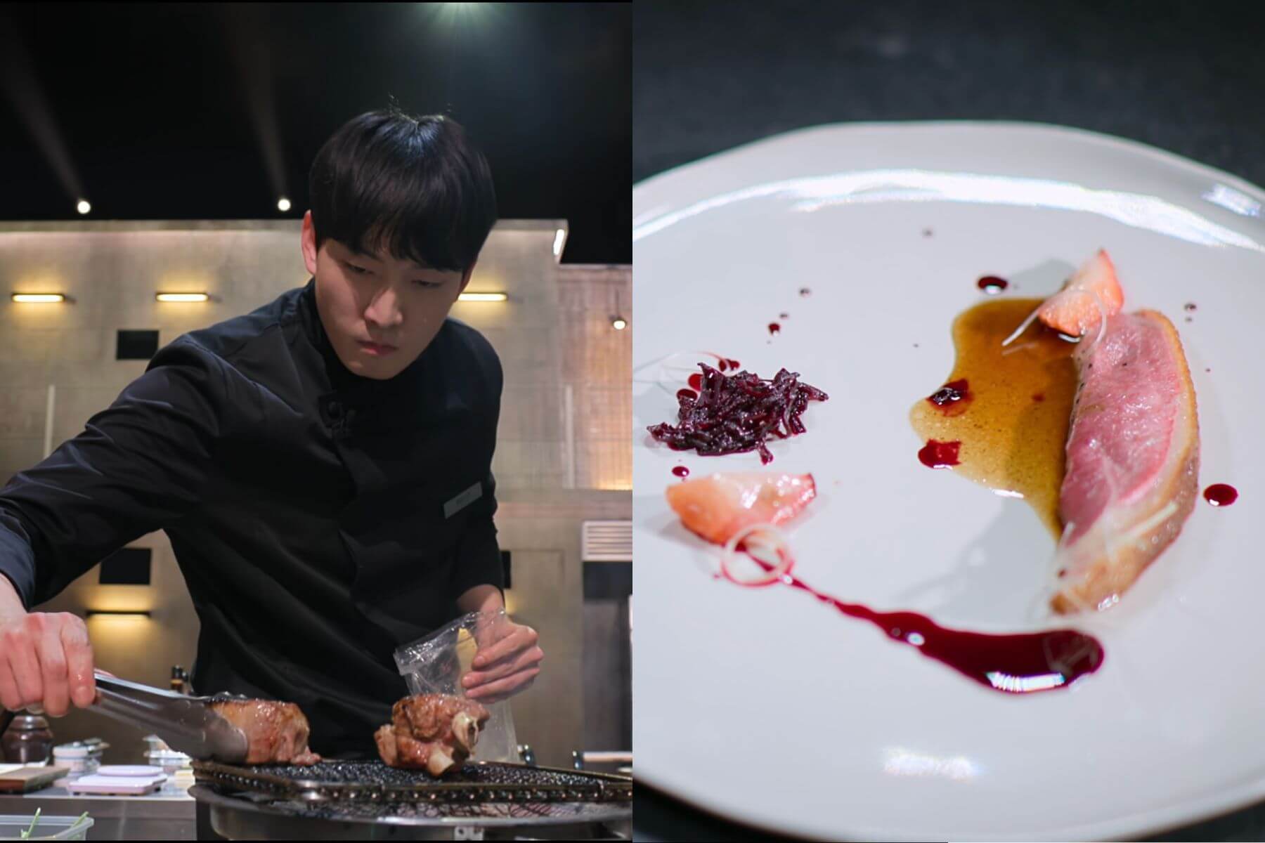 黑湯匙「一二三」主廚裴京俊以奉化鴨胸獲得評審安成宰的肯定。（圖/Netflix）