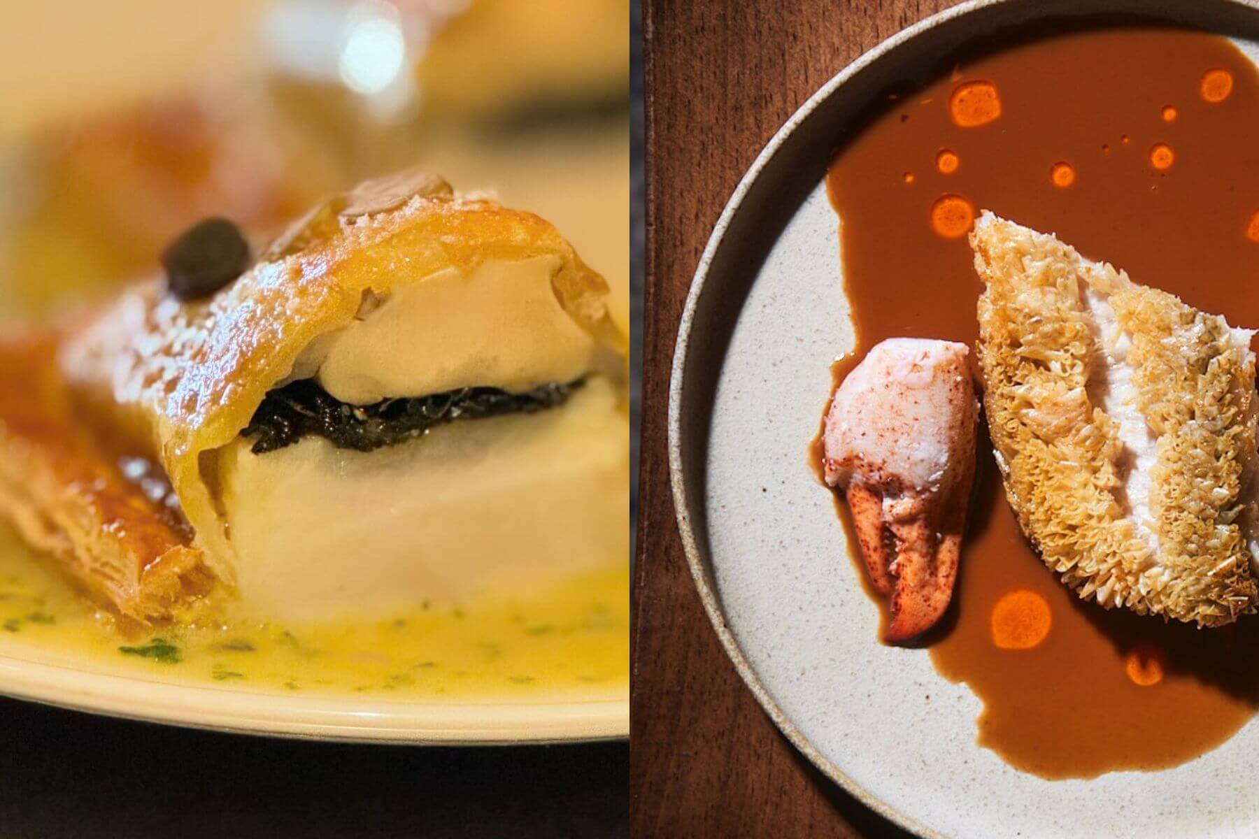 Deepin 每日限量比目魚（左），以及鯛魚立鱗燒搭配龍蝦（右）。（圖/Deepin IG））