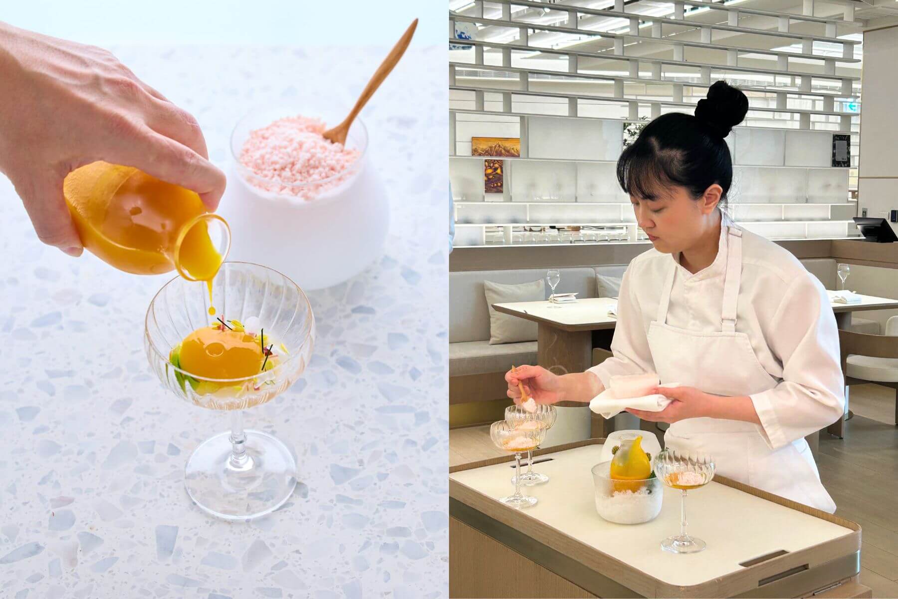 以橙汁鴨為靈感，「香橙鴨南瓜冷湯」桌邊服務淋上南瓜冷湯，入口風味包含成熟南瓜的清甜、苦橙的冰涼、以及鴨肉的鹹鮮。（圖/A、攝影/Eugenia Yang）