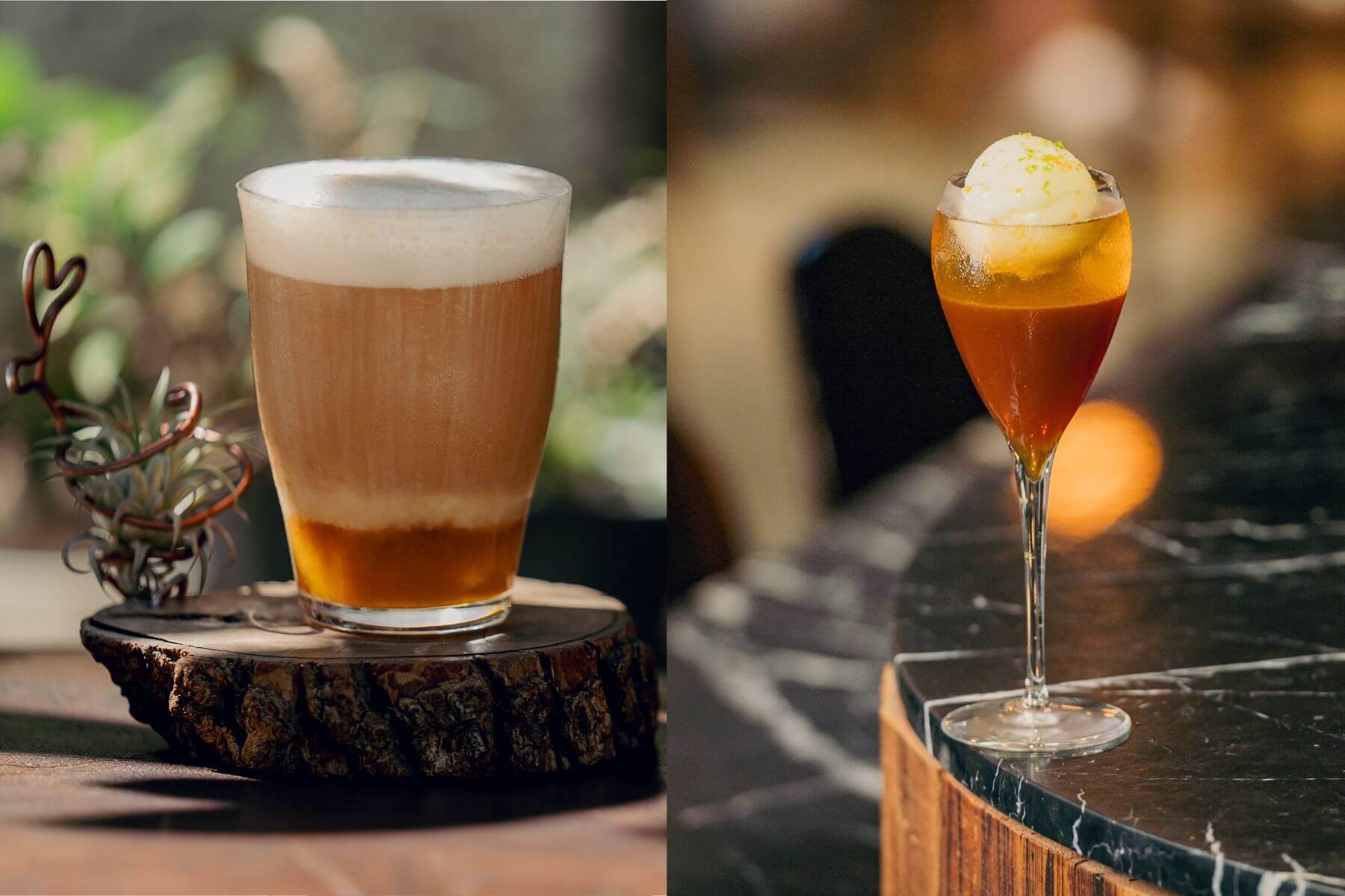 Coffee Sind推出台咖特調「回味」（左）；COFFEE FLAIR推出台咖特調「潤橘之月」（右）。（攝影／周廷瑋、陳冠凱）