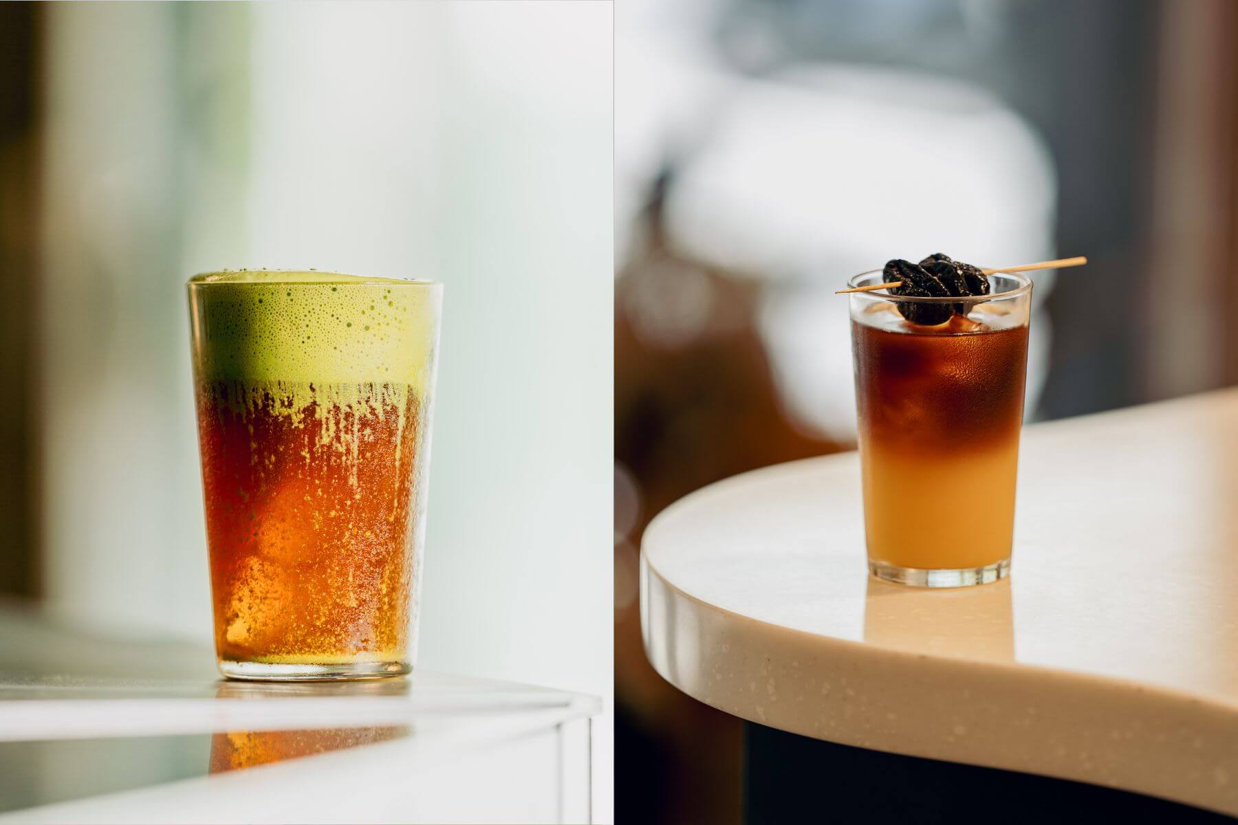 小尾巴 Tinytail Coffee Bar推出台咖特調「Tea Horizon」（左）；NORMAL COFFEE推出台咖特調「山之頌 So’ngna Hymn」（右）。（攝影／李易蓁、周廷瑋）