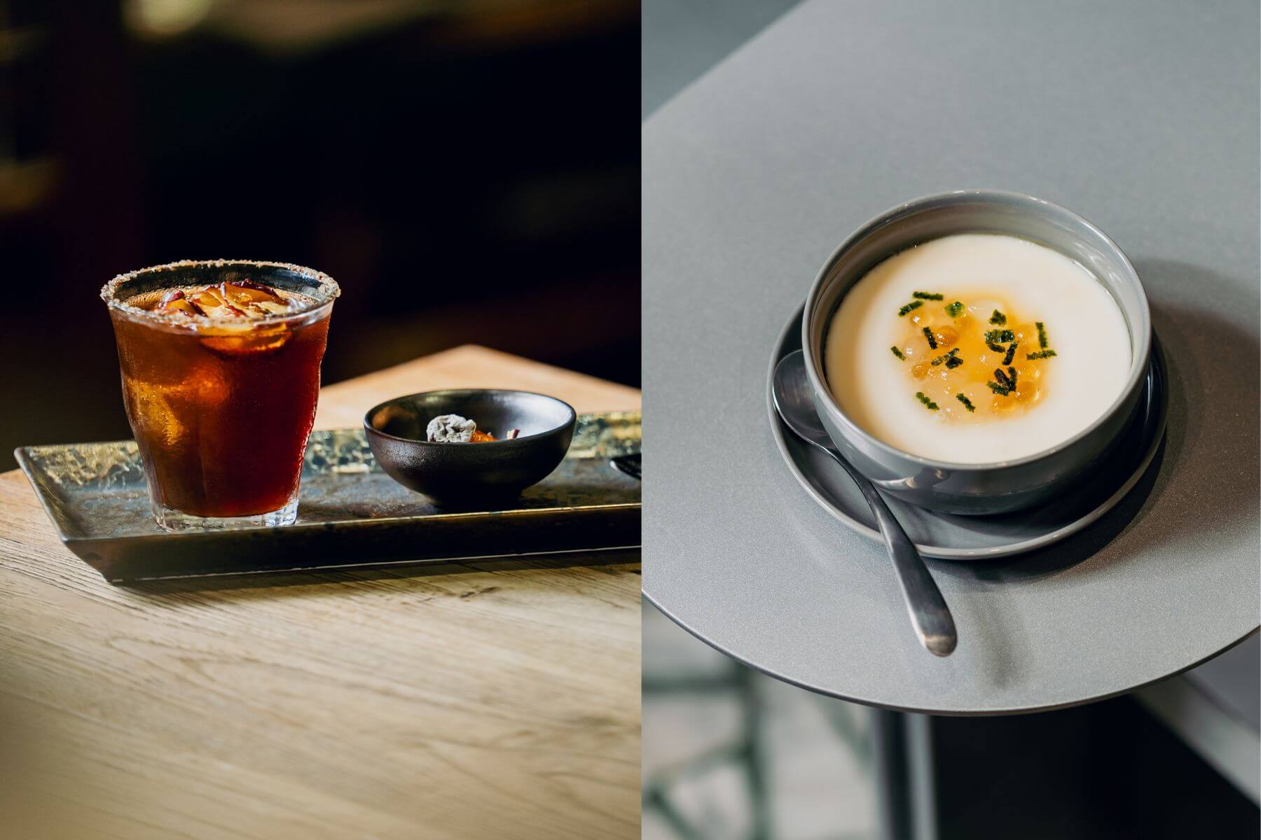 鴉埠咖啡推出臺咖特調「金蘋梅」（左）；LOOP IN NEON 霓裡推出臺咖特調「咖島花」（右）。（攝影／周廷瑋、李易蓁）