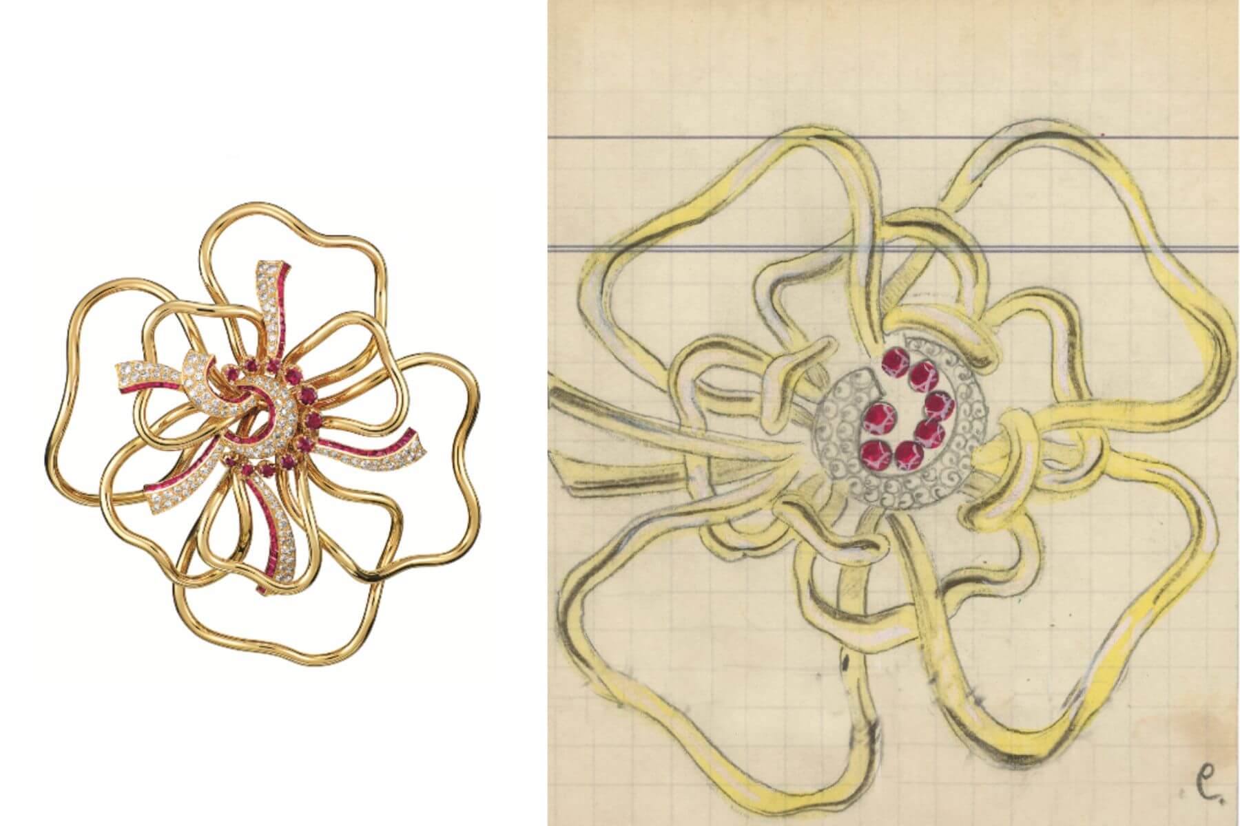 Silhouette胸針，1937年，黃K金、紅寶石、鑽石，Van Cleef & Arpels Archives（左）；Silhouette胸針產品記錄卡（右）。