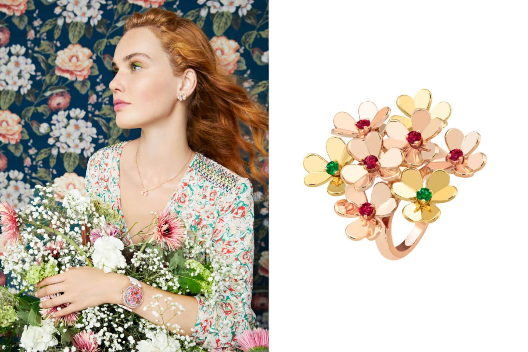 Frivole耳環小型款式、Frivole吊墜小型款式、Lady Arpels Heures Florales Cerisier腕錶（左）；Frivole戒指，8花（右）。