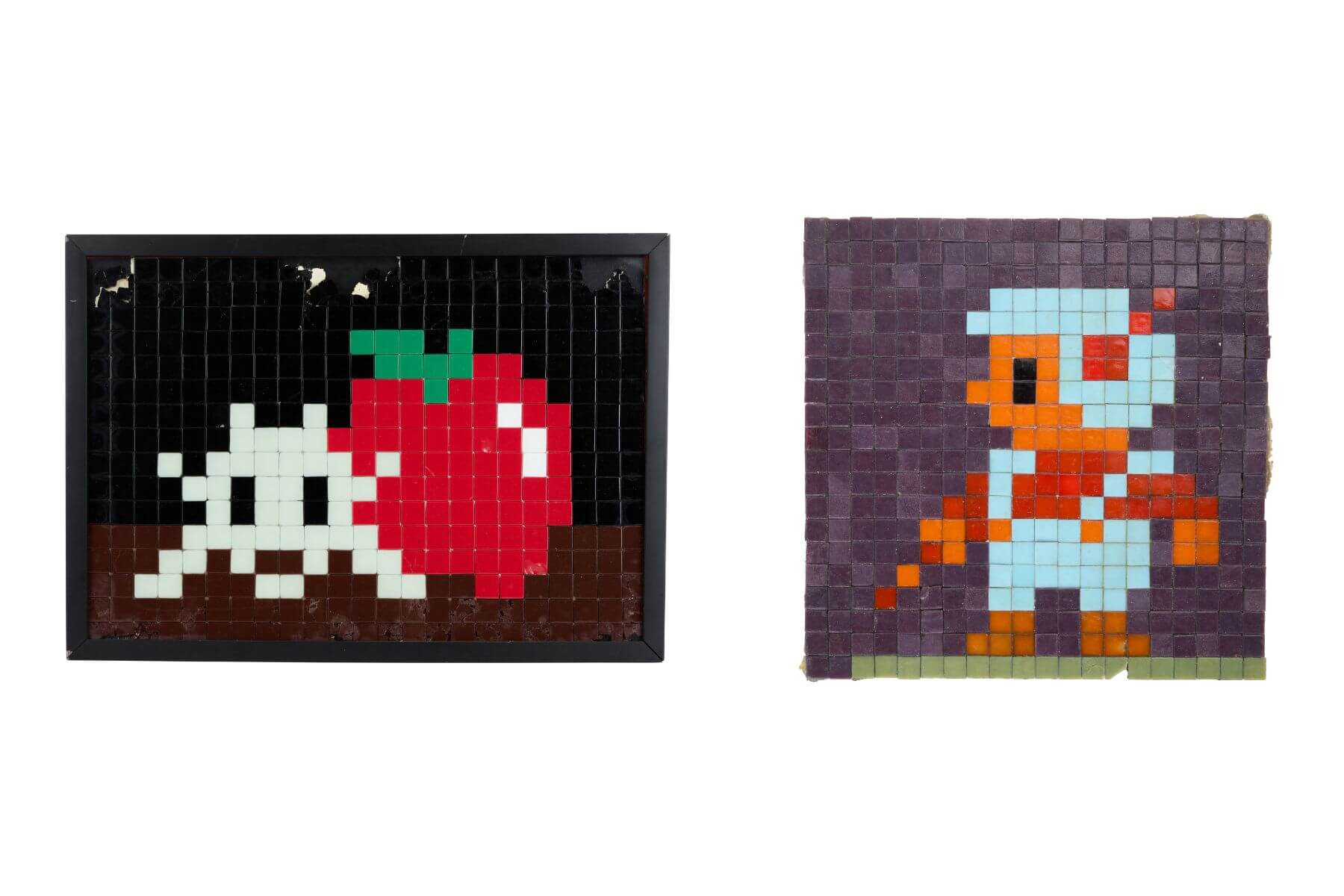 夜光瓷磚外星人形《NY-126》位於紐約利維頓街與艾倫街交叉口的一棟建築角落（左）；《PA-744》位於巴黎 25 Rue Boyer的La Bellevilloise建築側面創作（右）