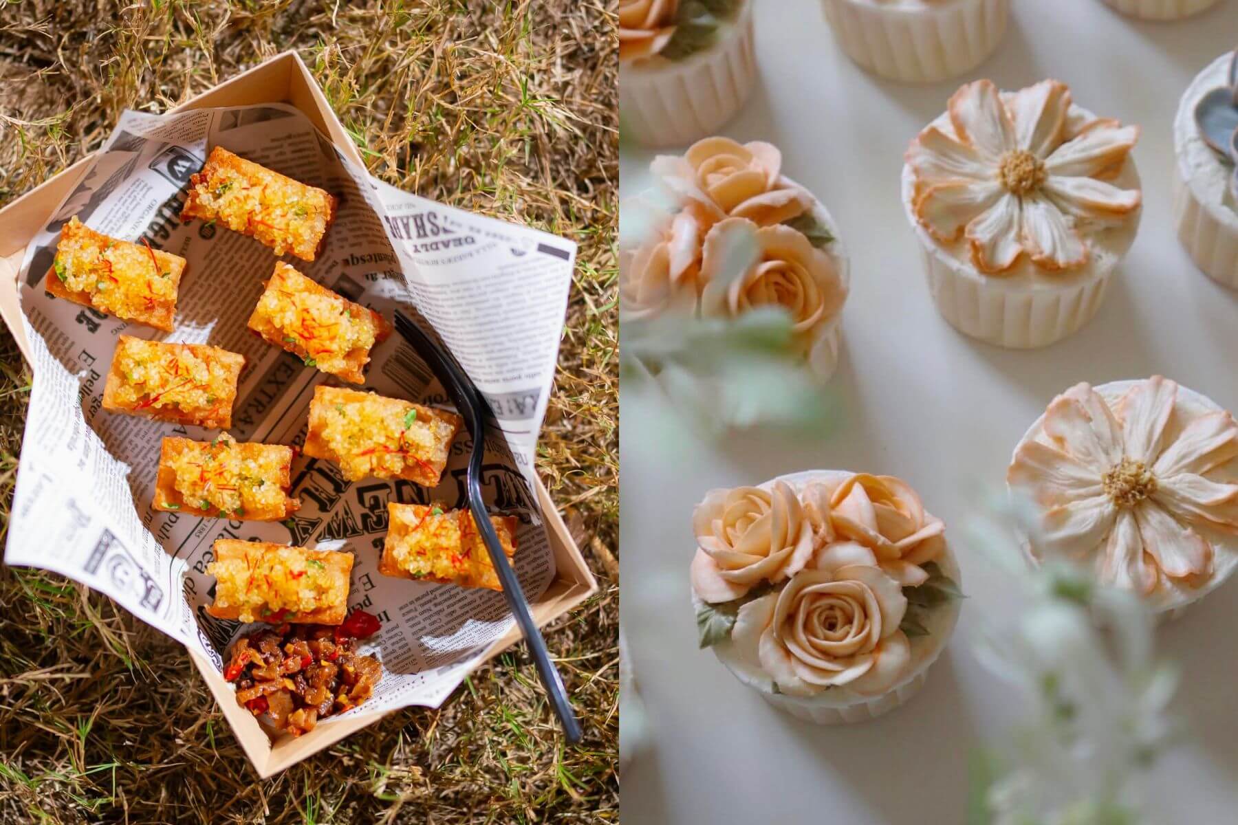 精靈村「啤先生Mr.PiPi義大利麵」魔法飛魚卵炸稞（左），「JennySmileCake」精靈擠花杯子蛋糕體驗（右）。