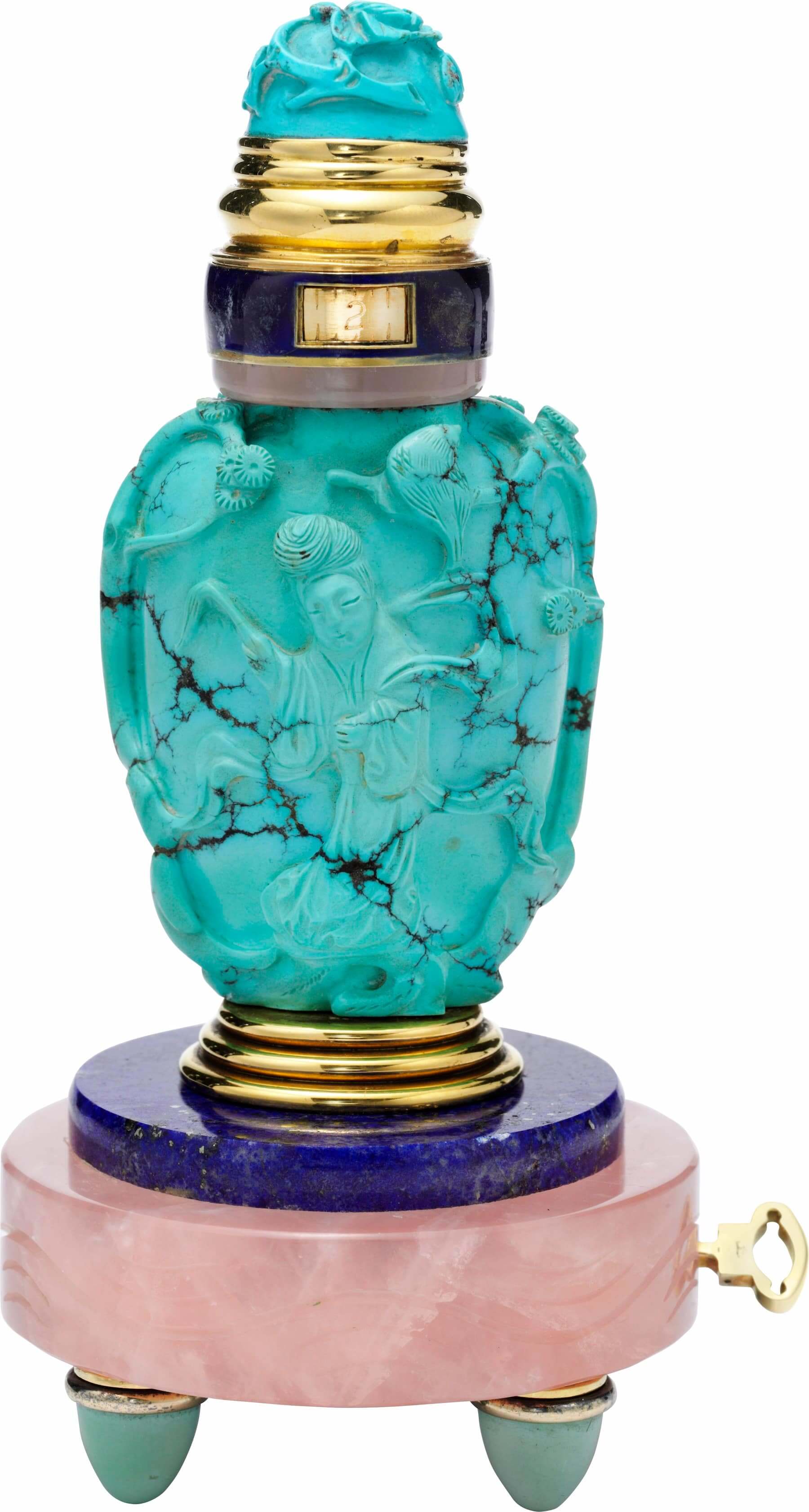 時鐘，約1929年_黃K金、粉紅水晶、綠松石、青金石、琺瑯