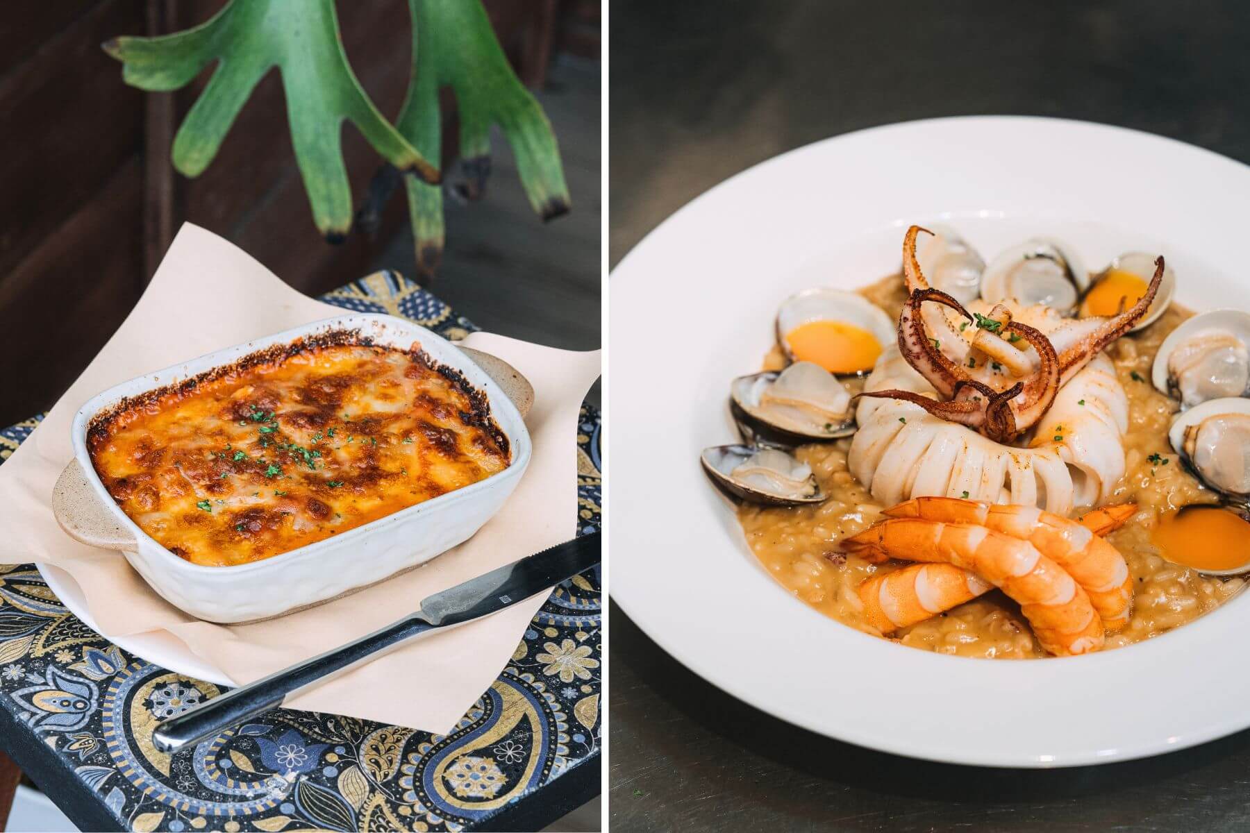 招牌焗烤千層麵（左）、整隻透抽海鮮燉飯（右）