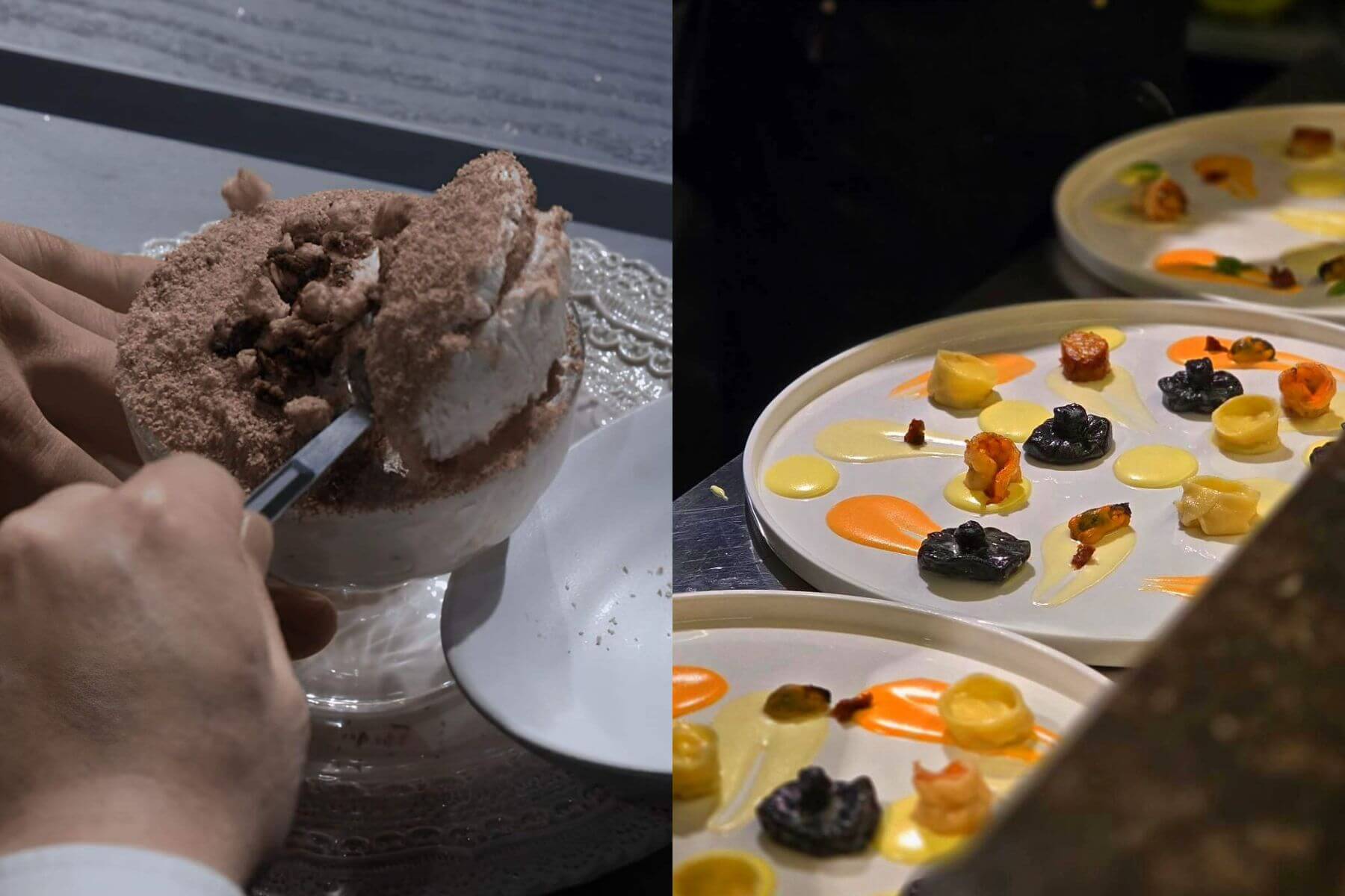 「拿坡里美味黑手黨」在《黑白大廚》端出的栗子提拉米蘇（左圖）和色彩繽紛的拿坡里麵食料理（右圖）在現實生活中也吃得到。（圖/Netflix、權成俊個人IG）