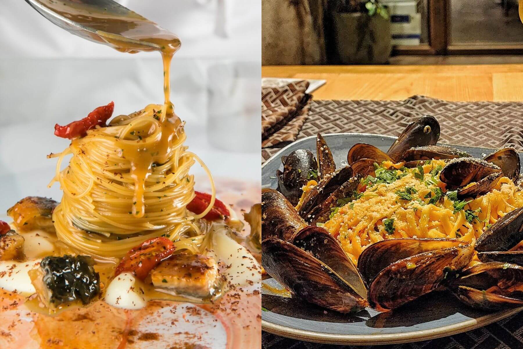 權成俊羅馬之旅最推薦米其林一星餐廳Idylio by Apreda的天使麵（左圖）以及高評價餐廳Bistrot Mr. Clood使用貽貝和Pecorino製成的Tagliolini（右圖）。（圖/Idylio by Apreda、權成俊個人IG）