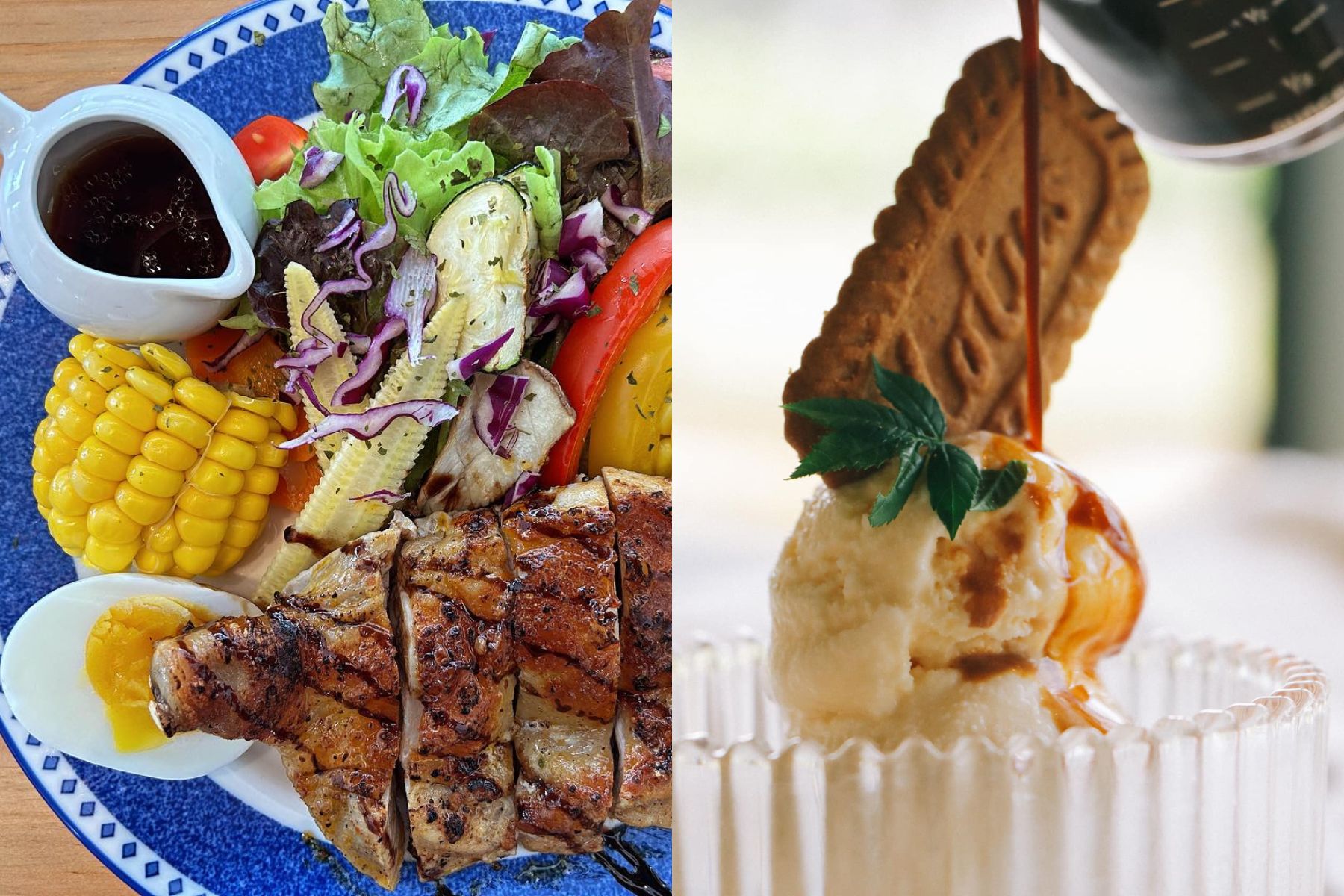 左為野室咖啡招牌雞腿排早午餐，右為海鹽阿芙加朵。（圖/野室咖啡）