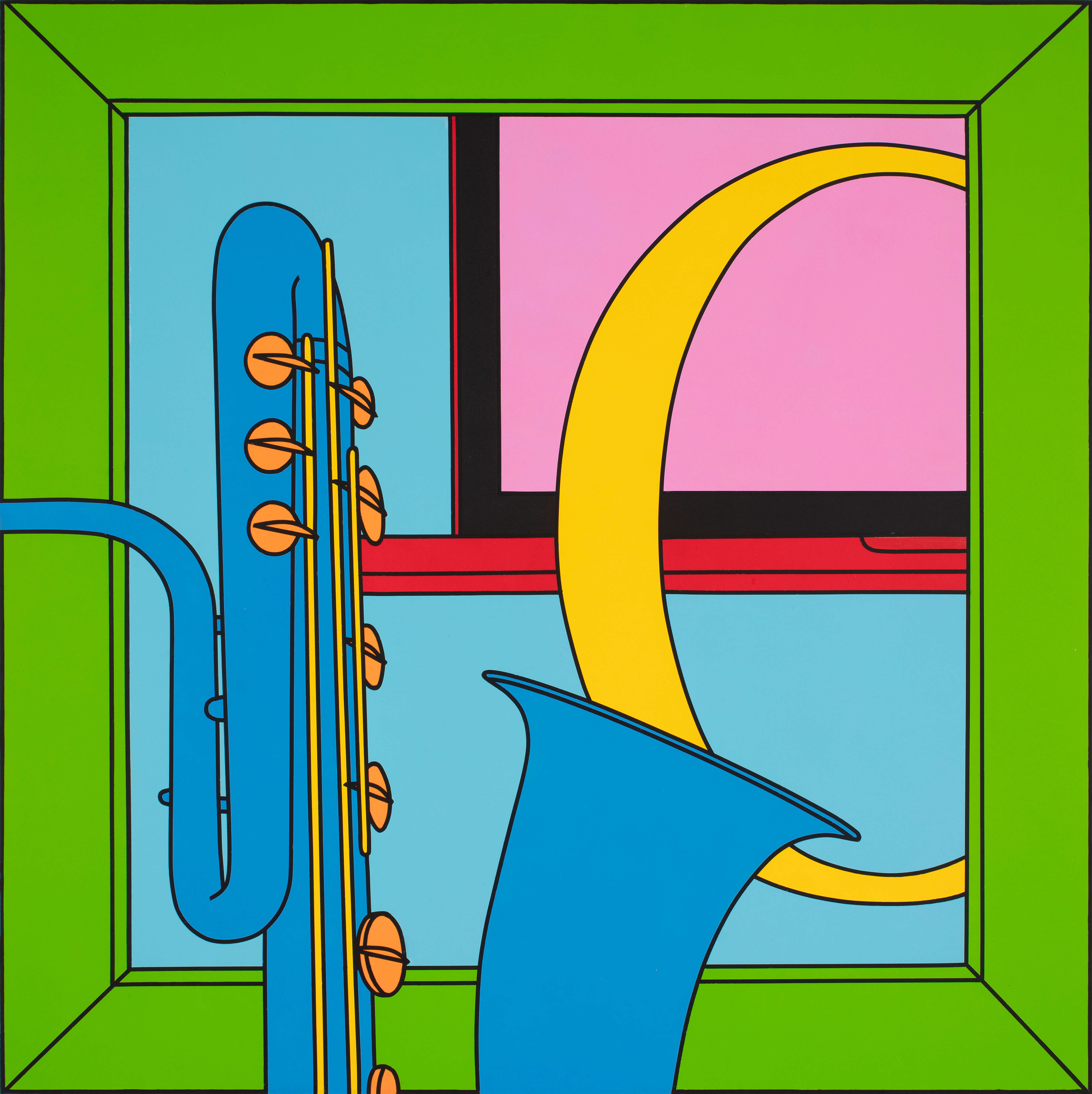 麥可．克雷格－馬丁《薩克斯風（綠框）》，2026 © Michael Craig-Martin. 圖片提供：藝術家與高古軒