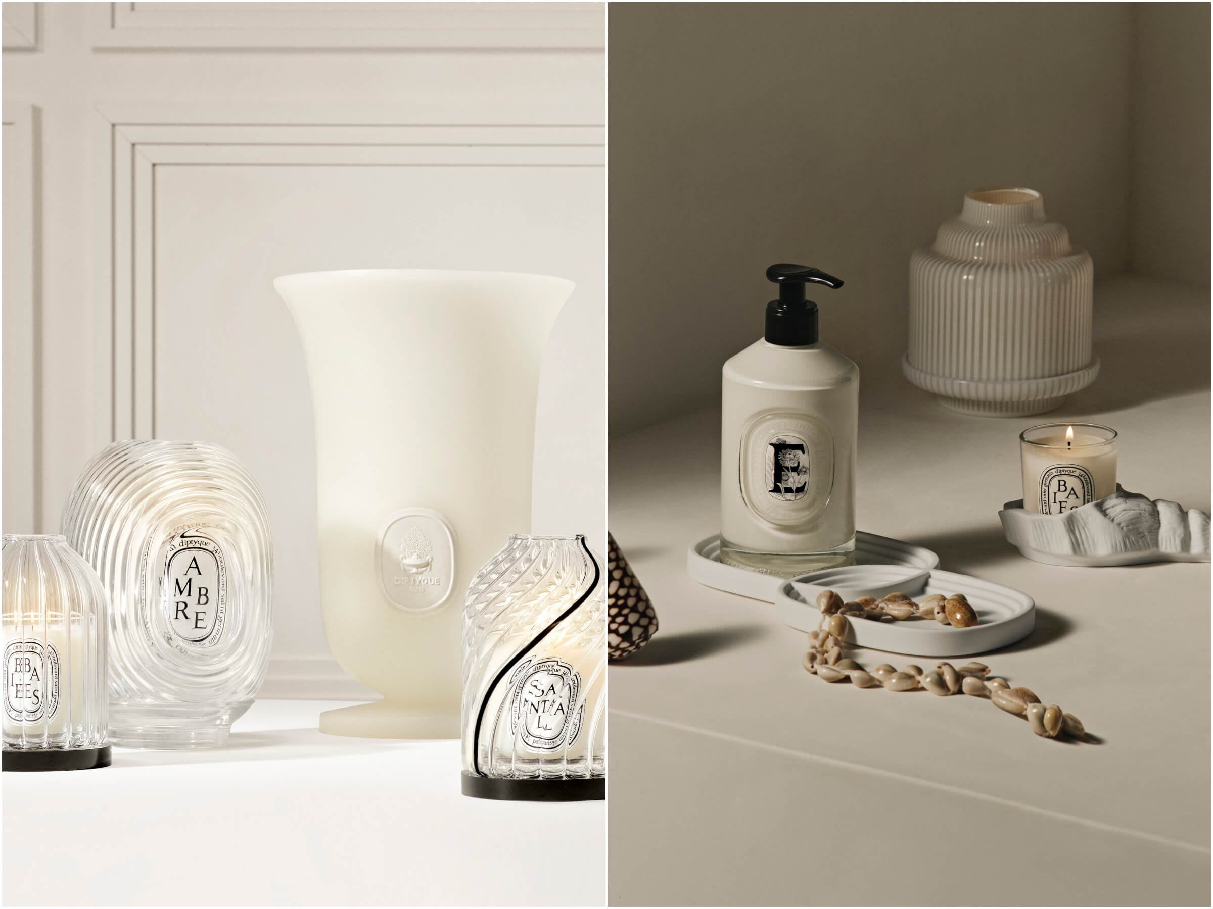 手工吹製的螺旋玻璃燭罩、白色蠟質花瓶皆由 Jean-Marc Gady 工作室設計（左）；Diptyque 與致力保護法國傳統工藝的 Couleuvre 工坊合作，以素胚為基底，打造富有詩意、純粹且極簡造型的橢圓托盤（右）