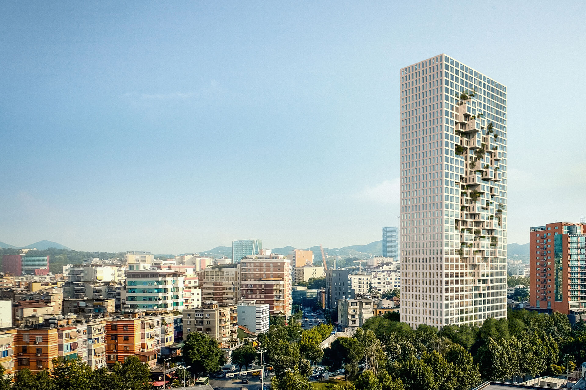 Downtown One 大樓，是一座140 公尺高的複合式高樓，立面以像素化方式呈現阿爾巴尼亞地圖。