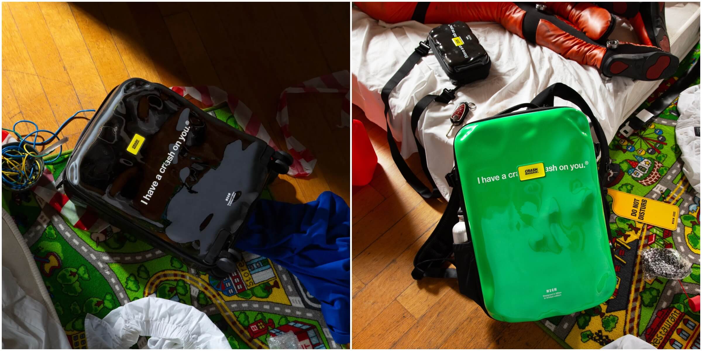 ICON 小鹿亂撞擊登機箱（左圖）；ICONIC 小鹿亂撞擊後背包（右圖）