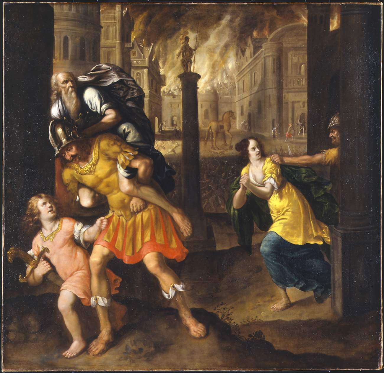 Aeneas and his Family Fleeing Burning Troy 1654 by Henry Gibbs