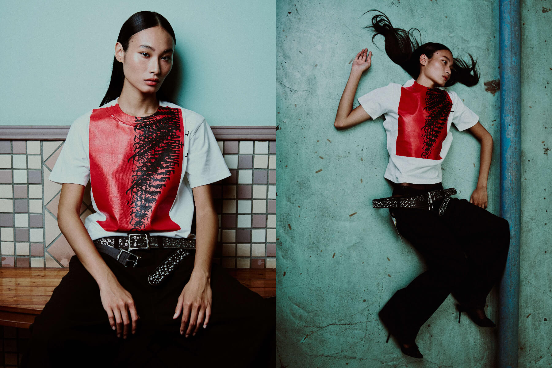 「GRAPHIC T SHIRT」，大面積印製鮮紅與深黑交錯的哥德式變形字體與荊棘圖騰，帶來極具衝擊力的視覺張力。