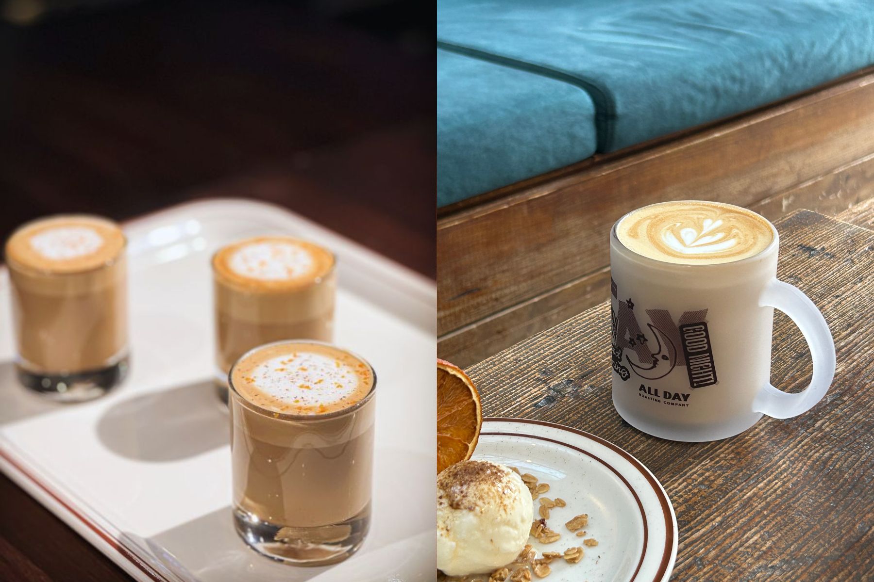 左為香料咖啡蛋奶酒，右為 ALL DAY CHAI 香料拿鐵。（圖/詠鑠生活YSLC、Eugenia Yang）