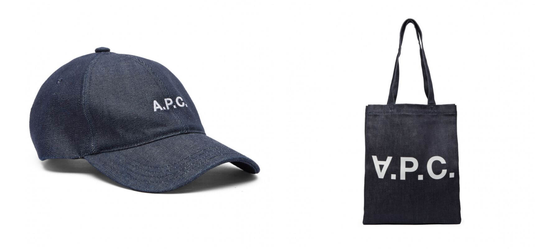 左：A.P.C. 藍 CHARLIE 刺繡 LOGO 棒球帽 NT$4,100、A.P.C. 靛藍大 VPC 牛仔托特包 NT$3,700。