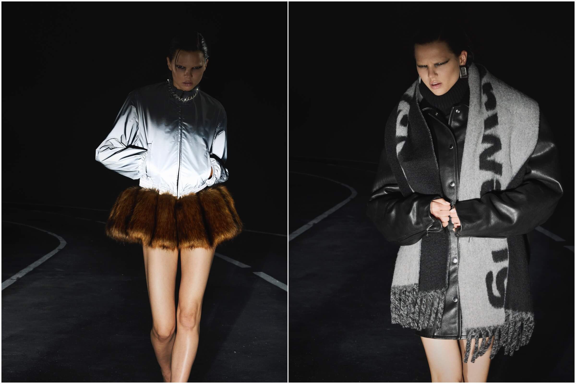 RS’26早春系列反光緊身銀色運動夾克（左圖）、羊駝毛羊毛混紡提花標誌圍巾（右圖）