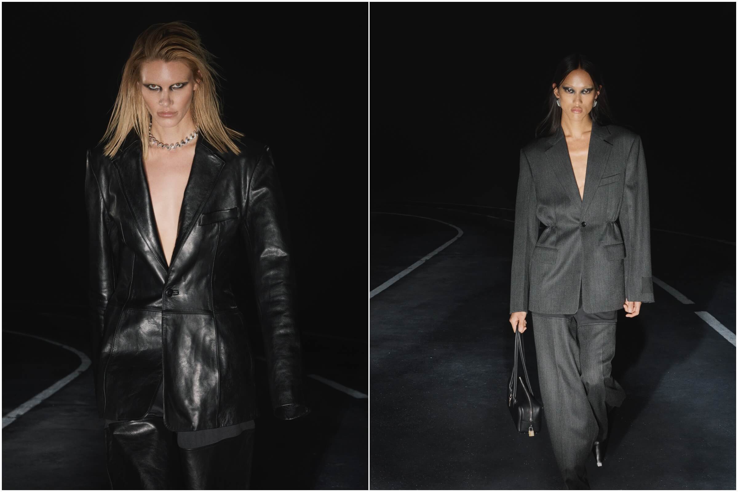 RS’26早春系列皮革精裁西裝外套（左圖）、羊毛斜紋布加大款西裝外套（右圖）