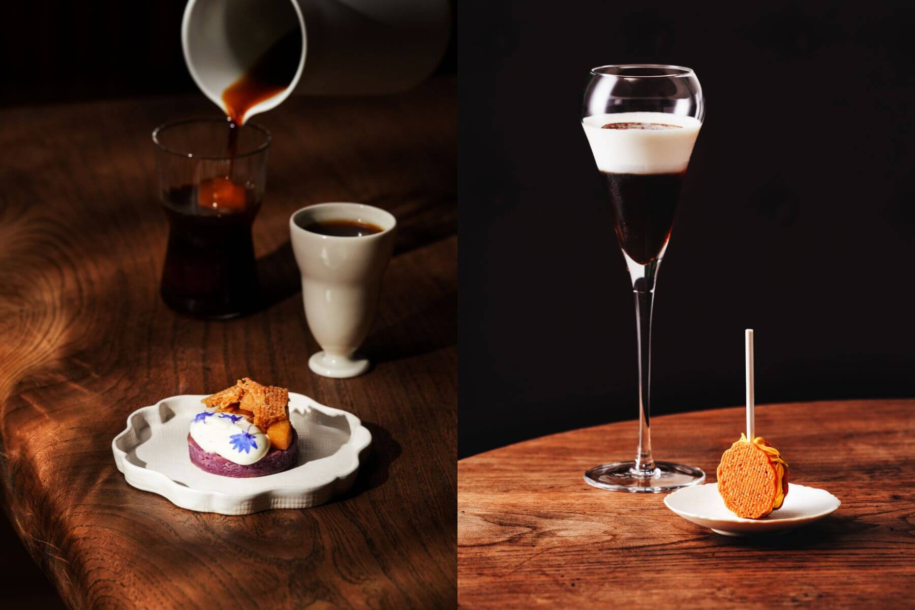 左為「三冉。藝伎系列 ・ 鄒築園 ・ 熱手沖｜・ 冰特調｜紫地瓜／蘋果／優格／馬告」；右為「四蒔。城市系列 ・ 羅馬 ・ 冰特調｜醃鳳梨／鹹蛋黃／肉鬆」。