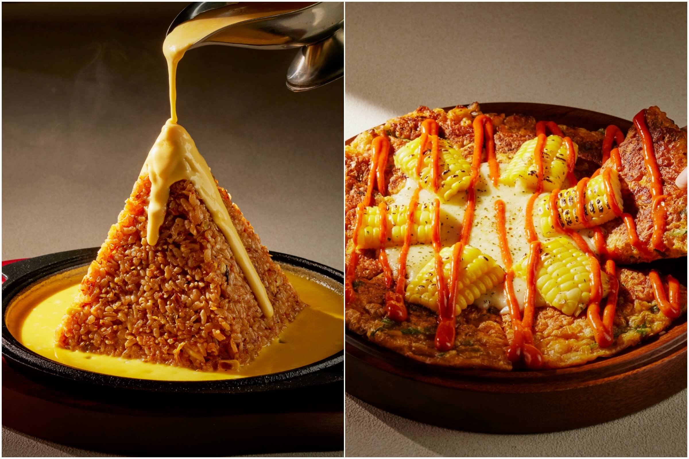 紅王醬芝士辛奇拌飯（左圖）；玉米起司辛奇煎餅（右圖）