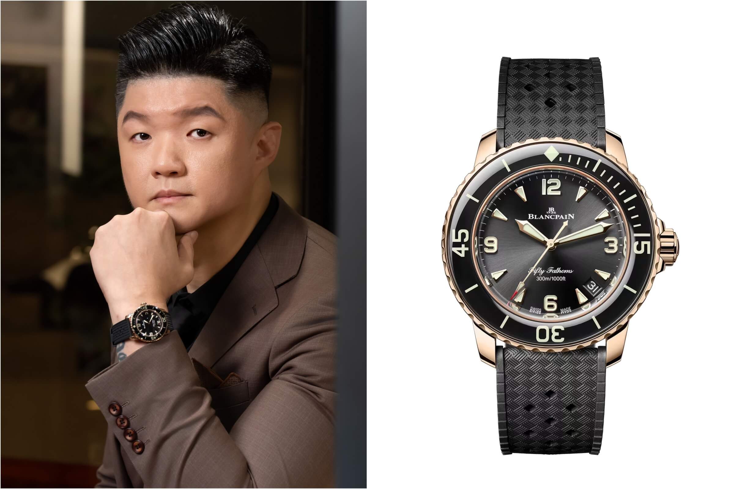 台灣首位Friend of Blancpain摯友林恬耀（Jimmy Lim）配戴五十噚系列潛水自動腕錶，出席Blancpain台北101限時專賣店開幕。