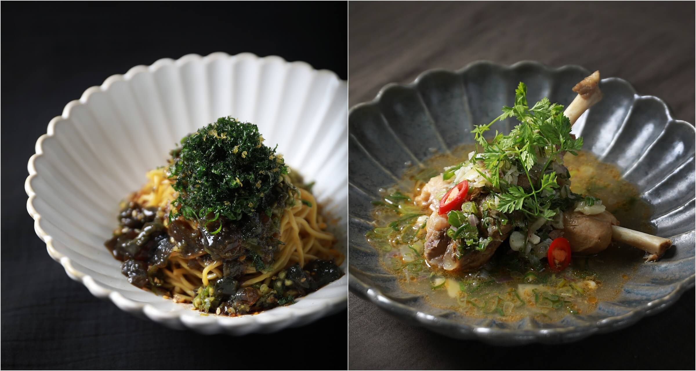 倉廩自開幕以來的人氣料理：燒椒皮蛋麵（左圖）、帶骨豬腱子肉（右圖）