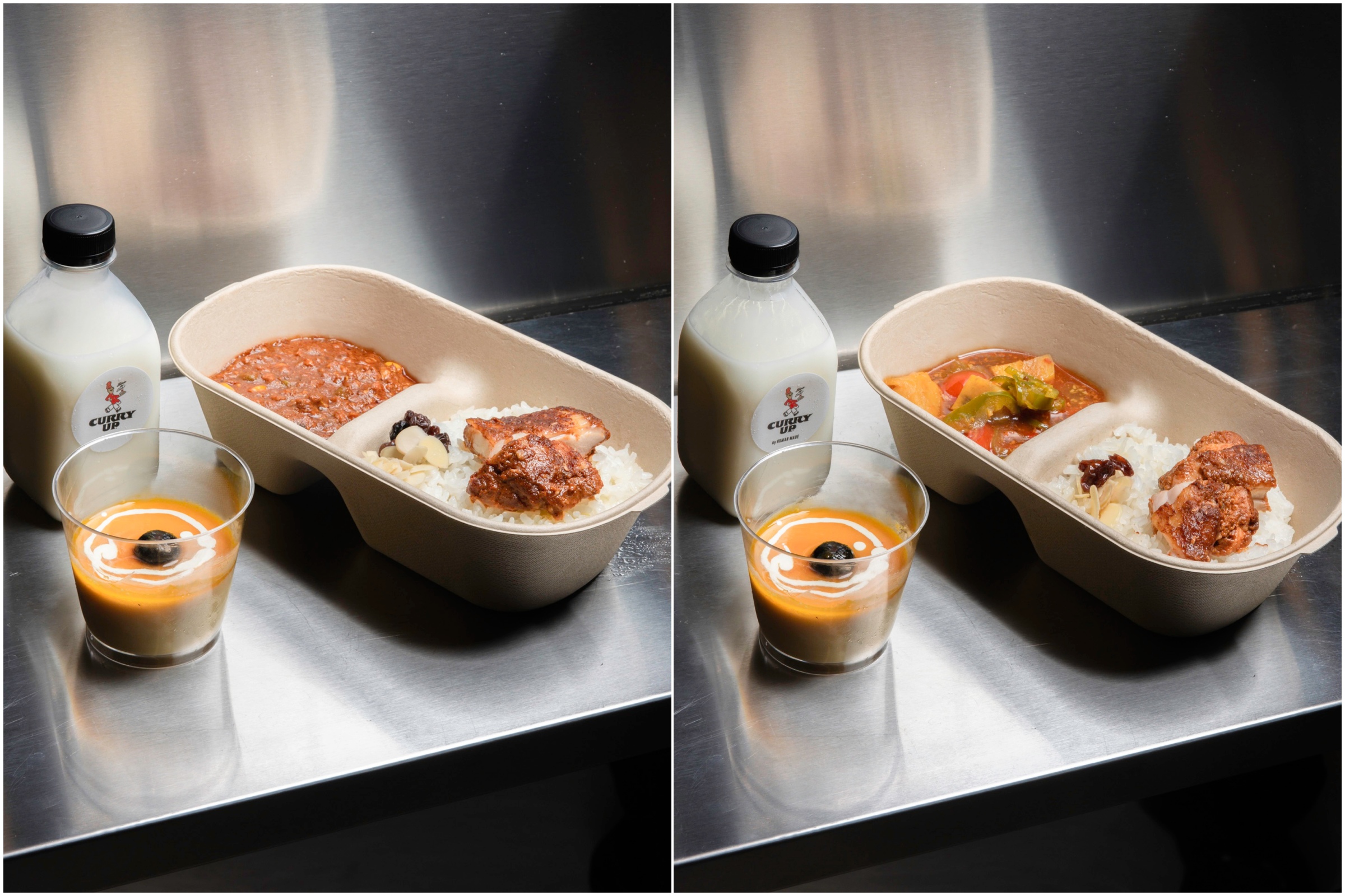 左圖：雞末咖哩套餐(搭配坦都里烤雞、印度優酪飲、芒果優酪慕斯)；右圖：蔬食咖哩套餐(搭配坦都里烤雞、印度優酪飲、芒果優酪慕斯)