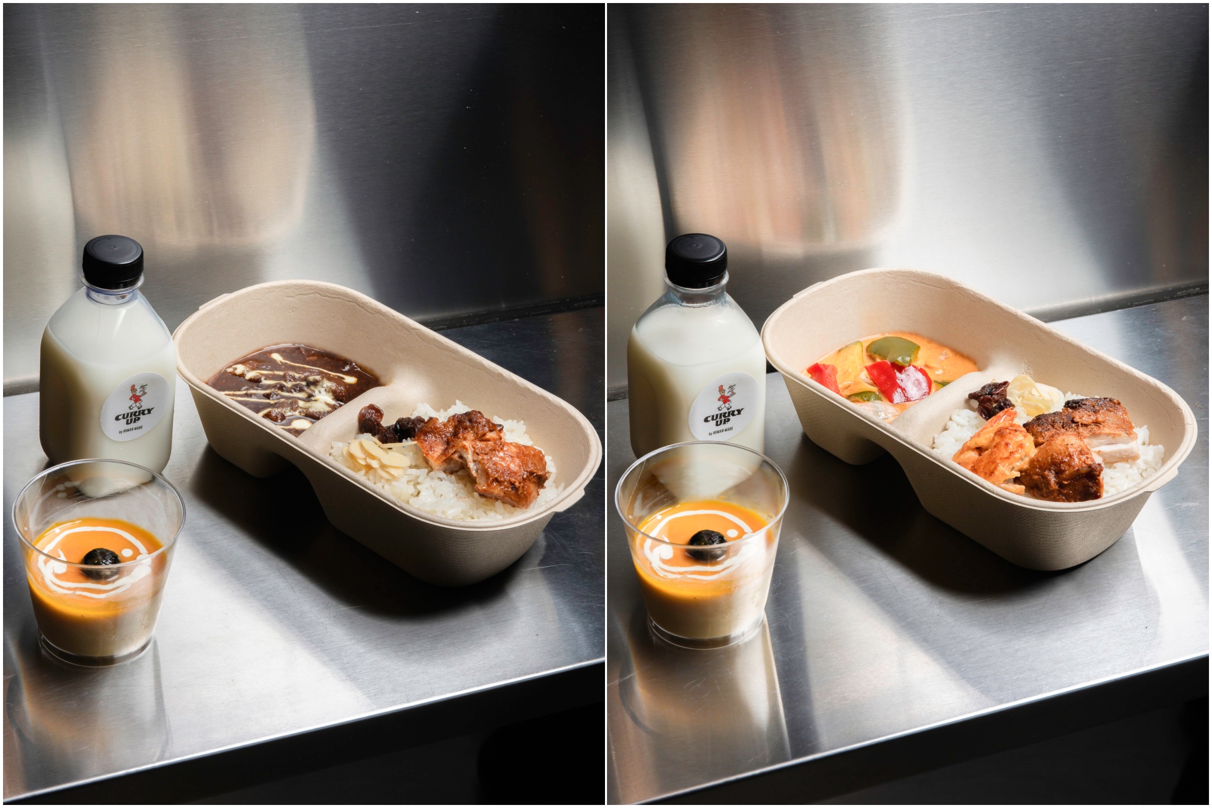 左圖：牛筋咖哩套餐（搭配坦都里烤雞、印度優酪飲、芒果優酪慕斯）；蝦紅咖哩套餐(搭配坦都里烤雞、印度優酪飲、芒果優酪慕斯)