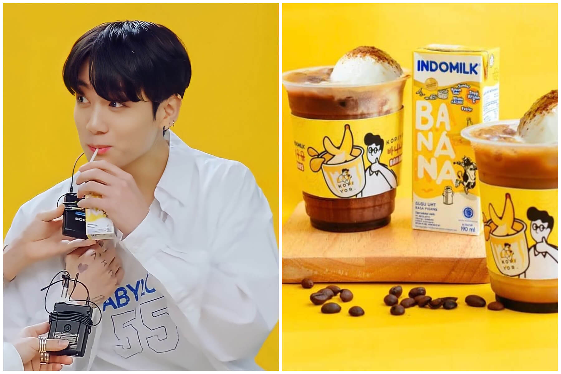 左/ BTS成員田柾國，對香蕉牛奶極致熱愛  右/印尼咖啡品牌Kopi Yor 與 Indomilk 香蕉牛奶合作推出香蕉拿鐵。