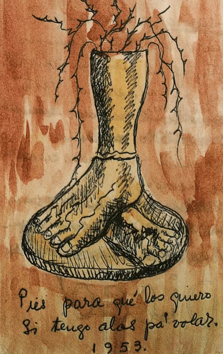 Feet, what do I need them for if I have wings to fly, watercolor and ink on a paper page, 1953